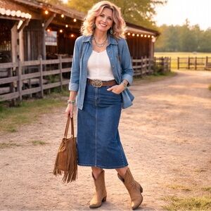 Vintage 90s Penmans Denim Maxi Skirt Coastal Cowgirl Y2K Western Boho Size 13/14